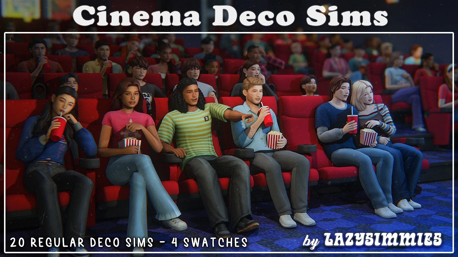 Cinema Deco Sims (Remake) by lazysimmies – Sims 4 CC cinema audience decor sims