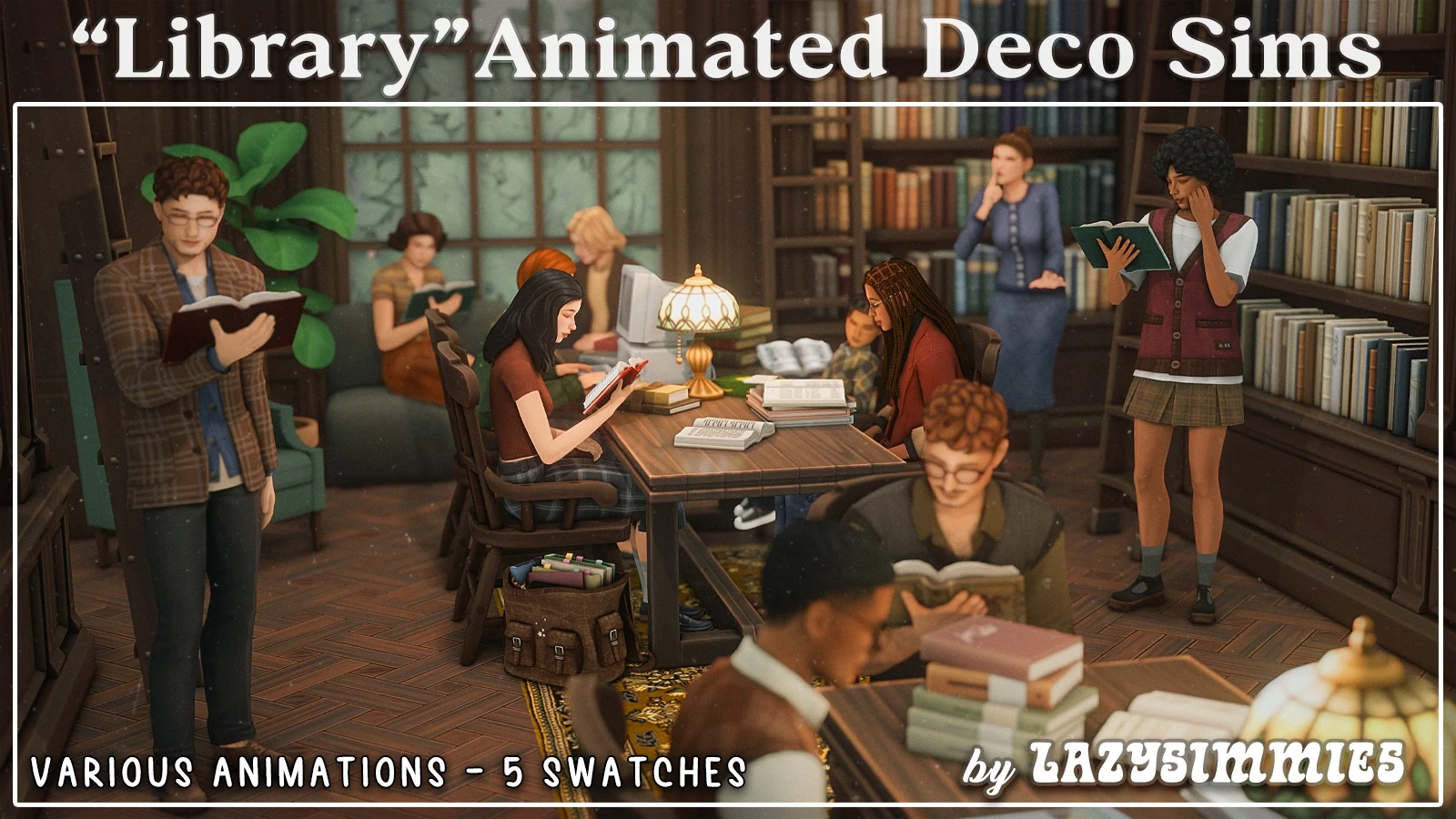 Library Animated Deco Sims by lazysimmies – Sims 4 CC library visitors decor sims