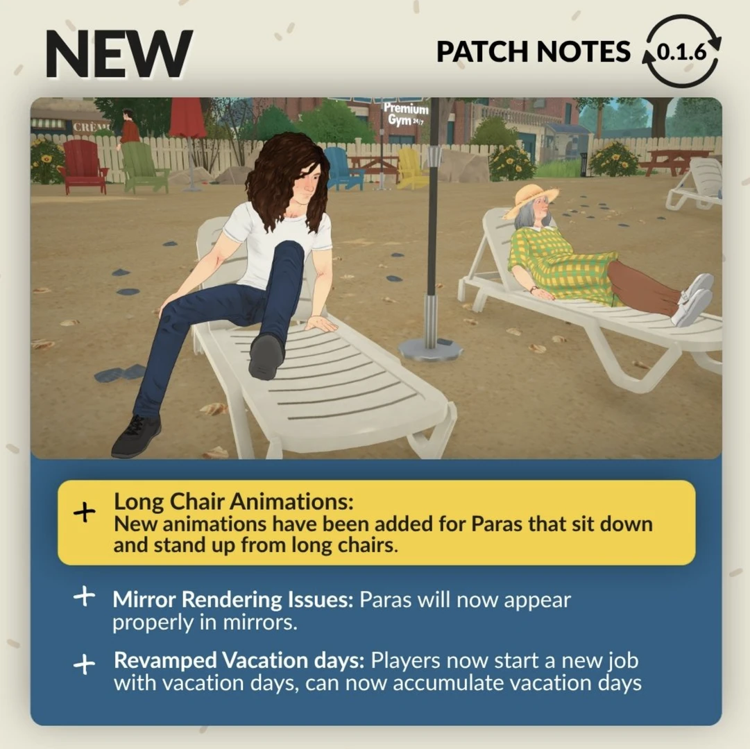 Parafolks sitting down and getting up from lounge chairs — new animations in Paralives July 2026 update