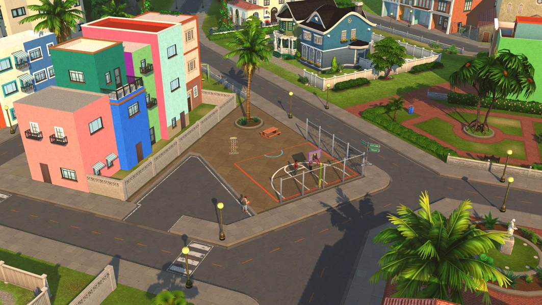 Isla Esmeralda sports area: Sims playing basketball and hopscotch