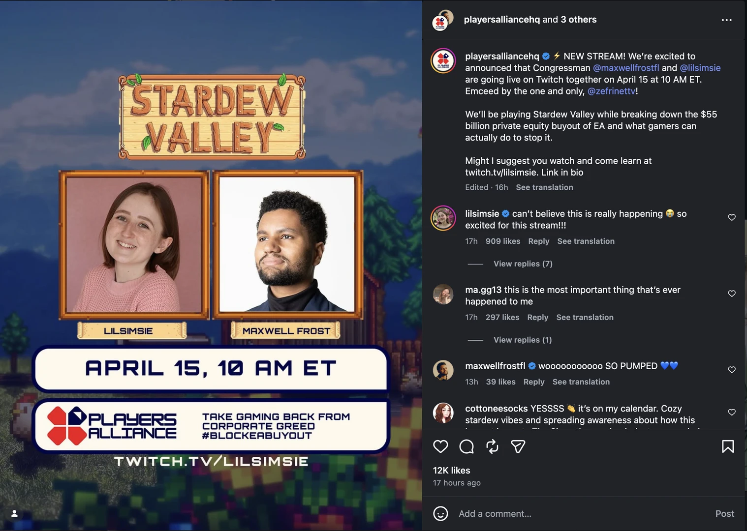 Lilsimsie and US Congressman Maxwell Frost organize a livestream to oppose the $55 billion EA buyout