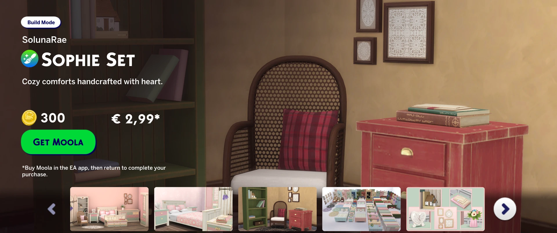 Overview of the Sophie set for The Sims 4: cozy cottage bedroom furniture and décor by SolunaRae