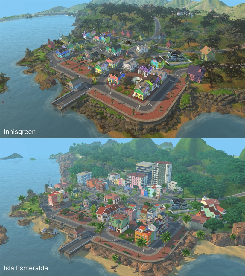 Coast of Adhmor transformed into Isla Esmeralda: tropical shoreline and beach in The Sims 4
