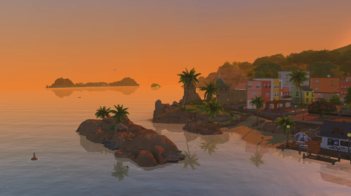 Isla Esmeralda sunset atmosphere: tropical cityscape and palm trees