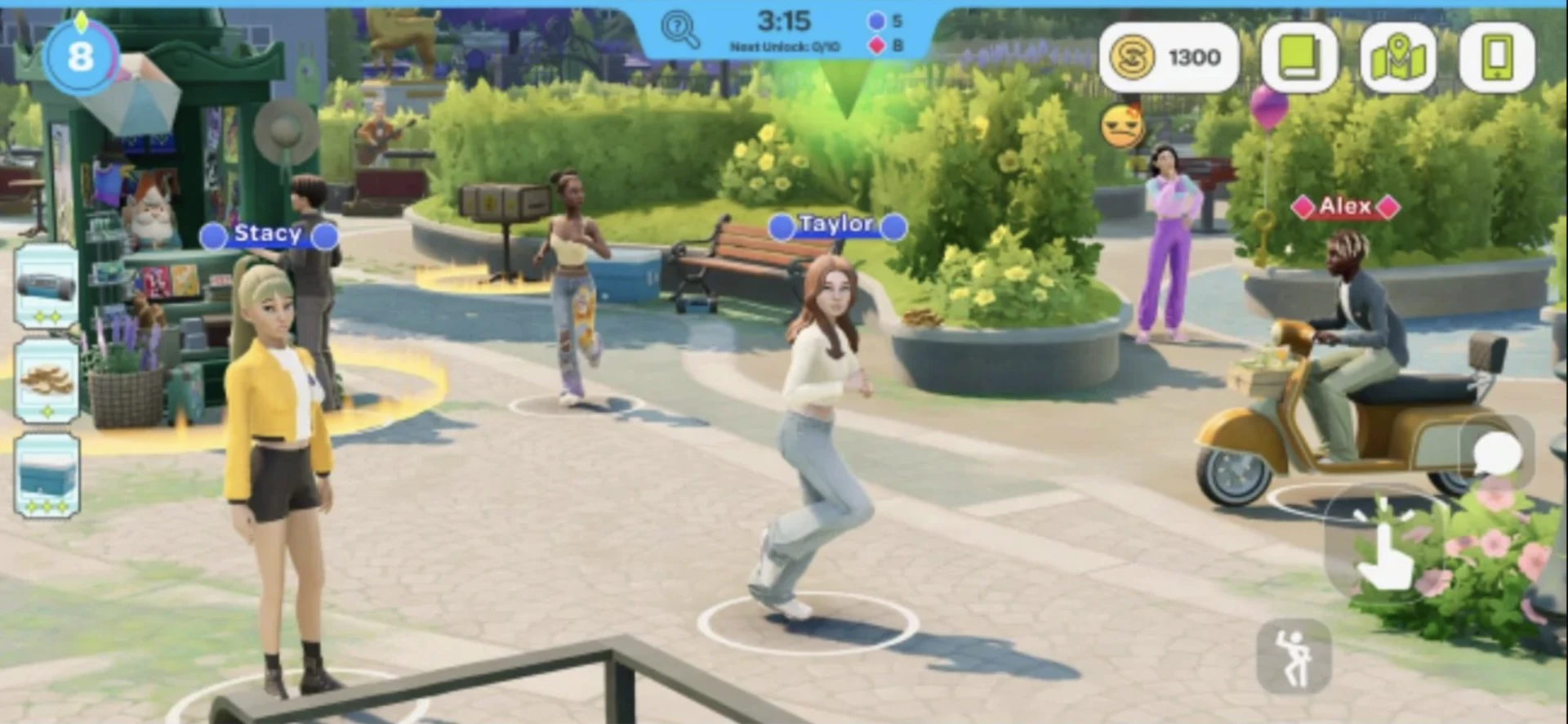 Staged screenshot from Project Rene user interface, featuring a scooter in The Sims mobile multiplayer