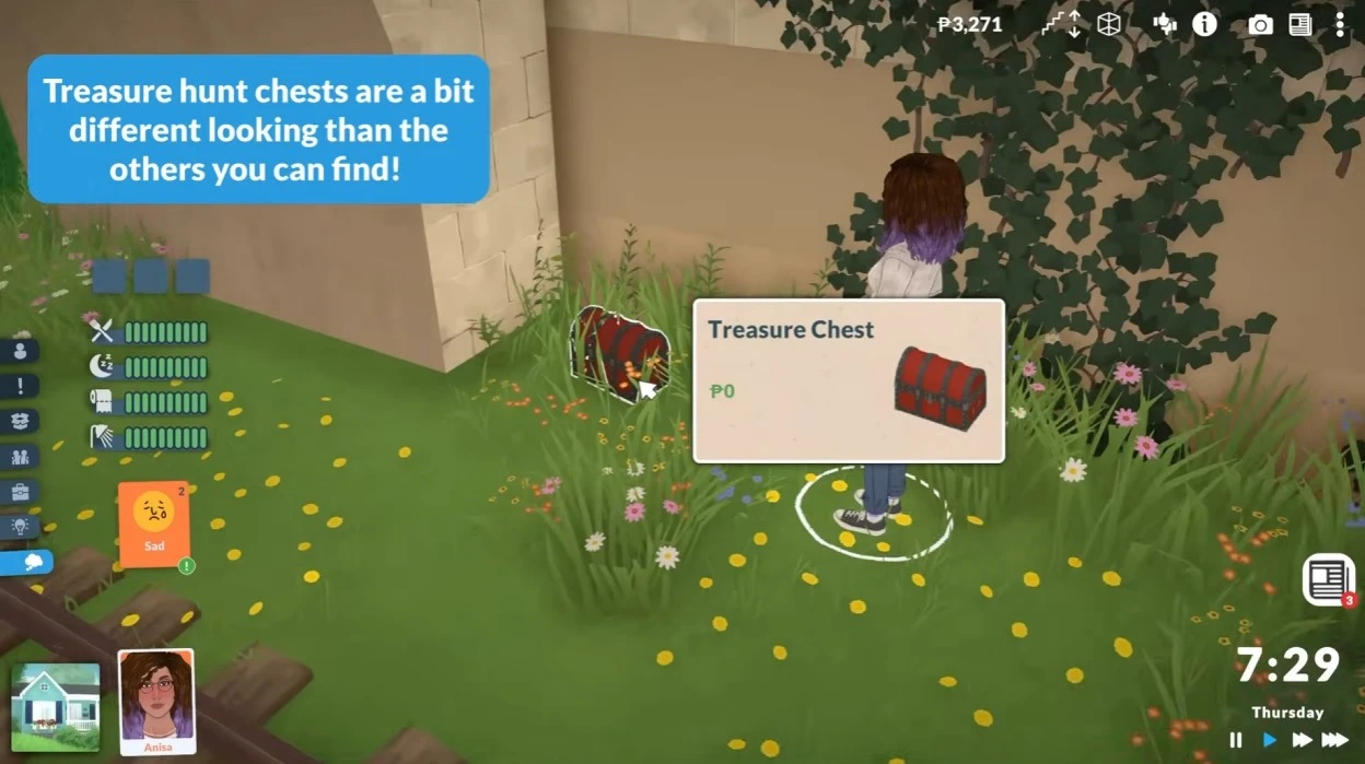 Treasure Hunt in Paralives: bright red reward chests spawn around town every Thursday