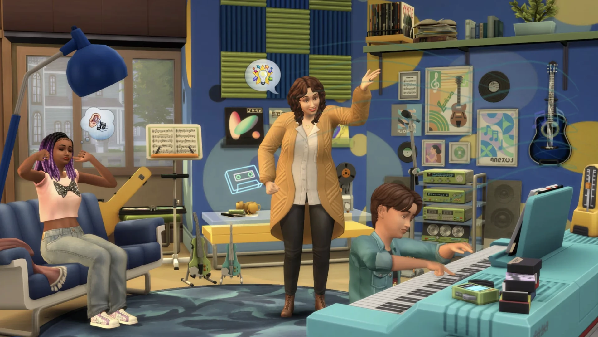Пример интерьера с мебелью и декором из набора «Музыкальная комната» в The Sims 4
