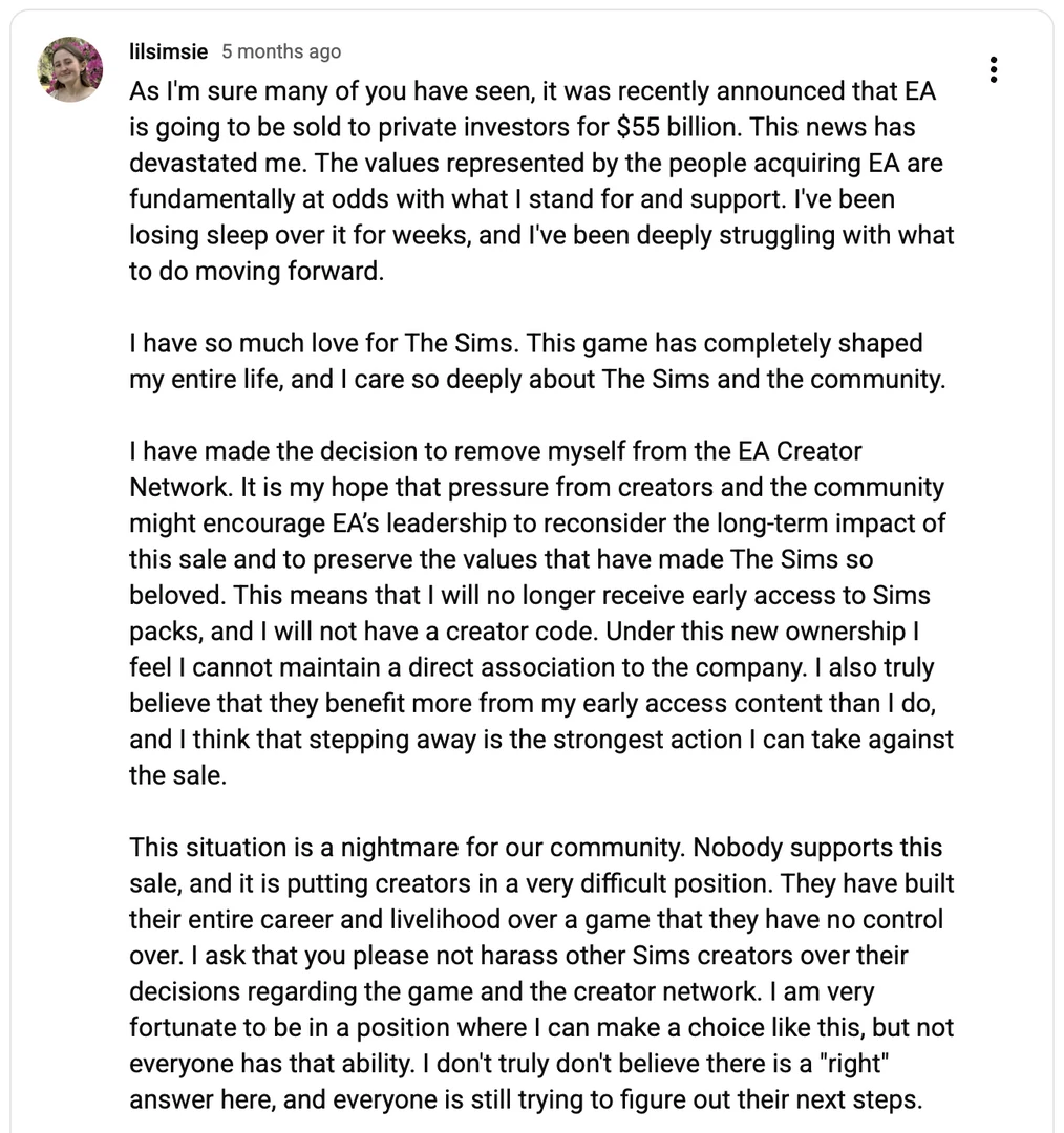 Lilsimsie (Kayla Sims) speaks out against the EA buyout and calls on the community to act