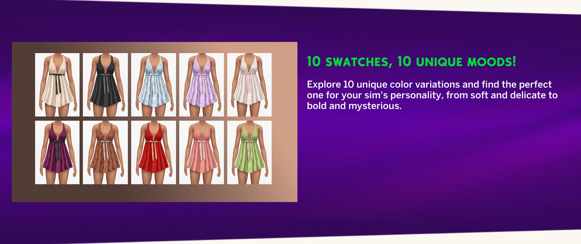 Color swatches of Lily boho dress by Serenity — pastel and bold options, The Sims 4