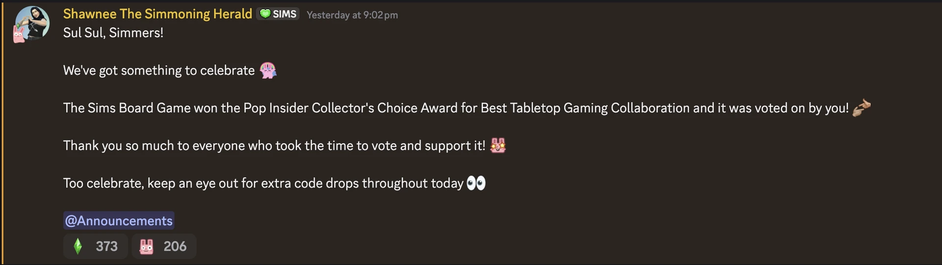 Сообщение в официальном Discord The Sims о раздаче кодов на дополнения в честь победы
