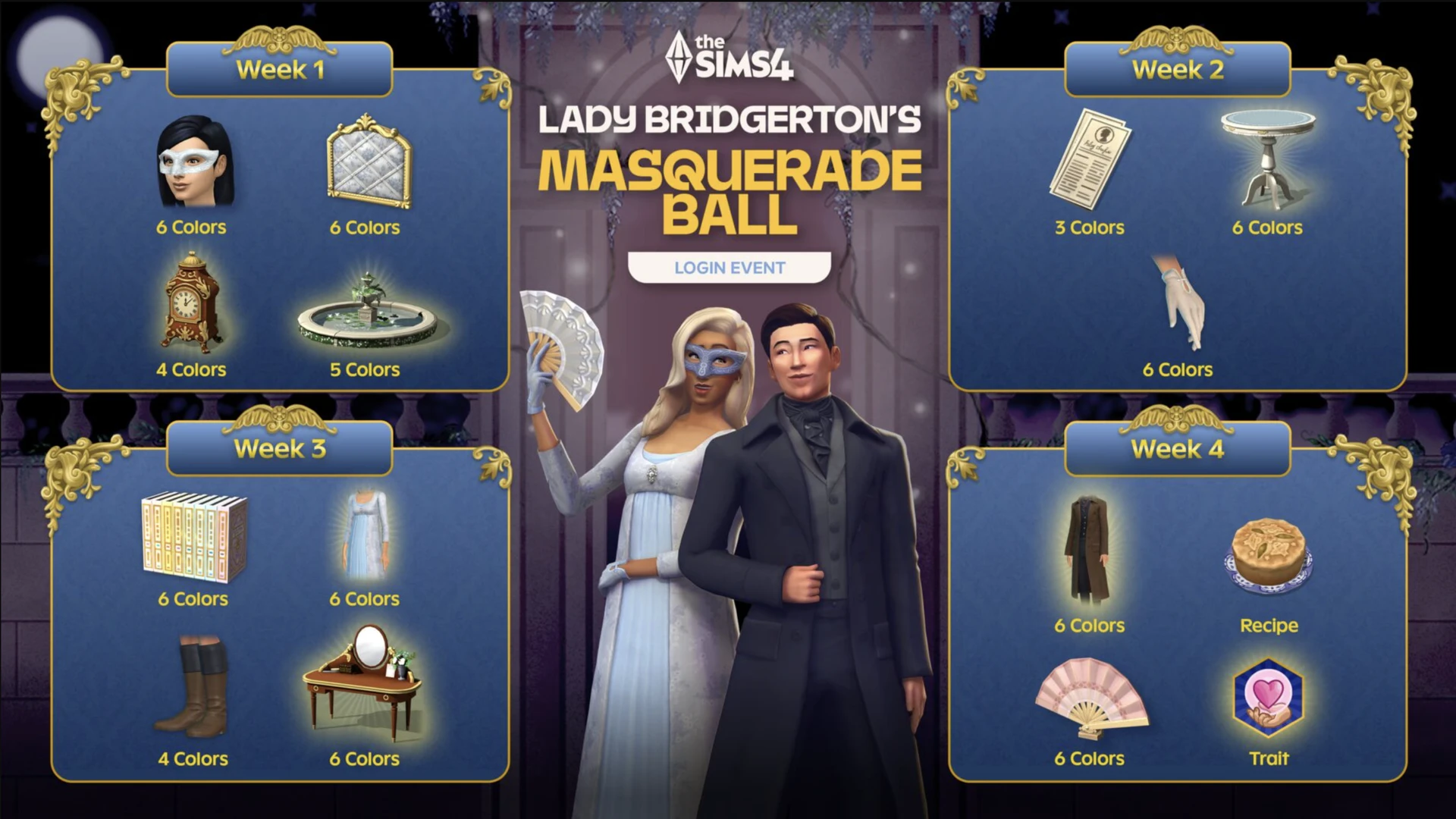Экран события The Sims 4 «Бал-маскарад у госпожи Бриджертон»: прогресс по неделям и получение бесплатных наград