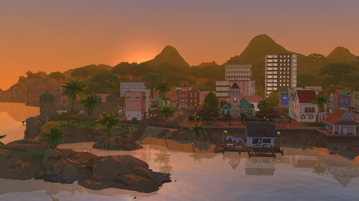 Isla Esmeralda sunset view: warm tropical lighting over the district