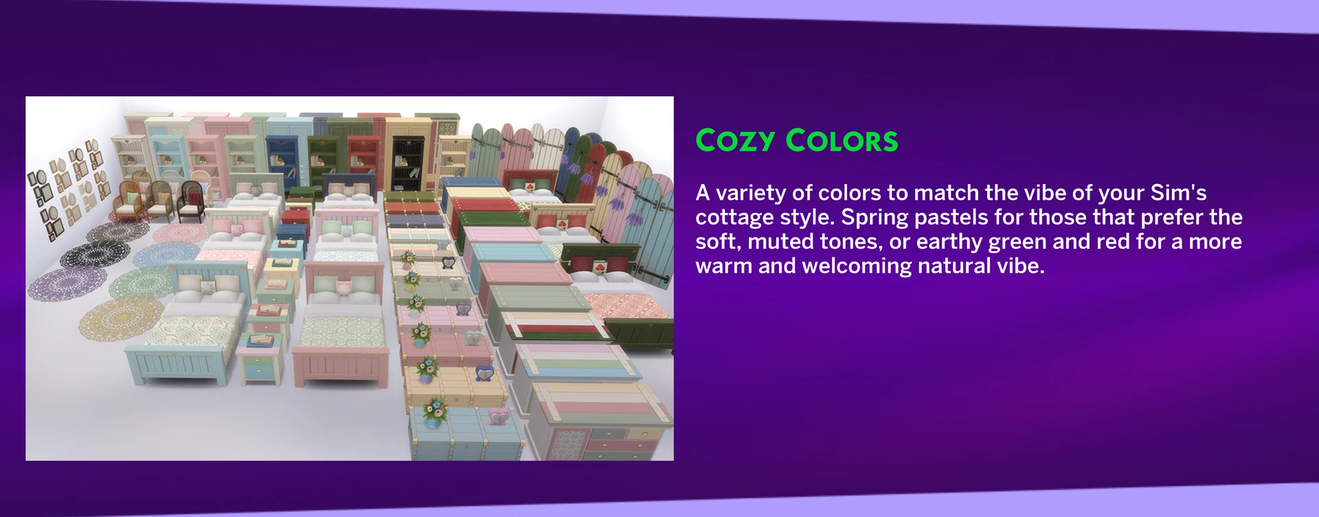 Color variations of Sophie set items: pastel, green, and warm red bedroom furniture for The Sims 4