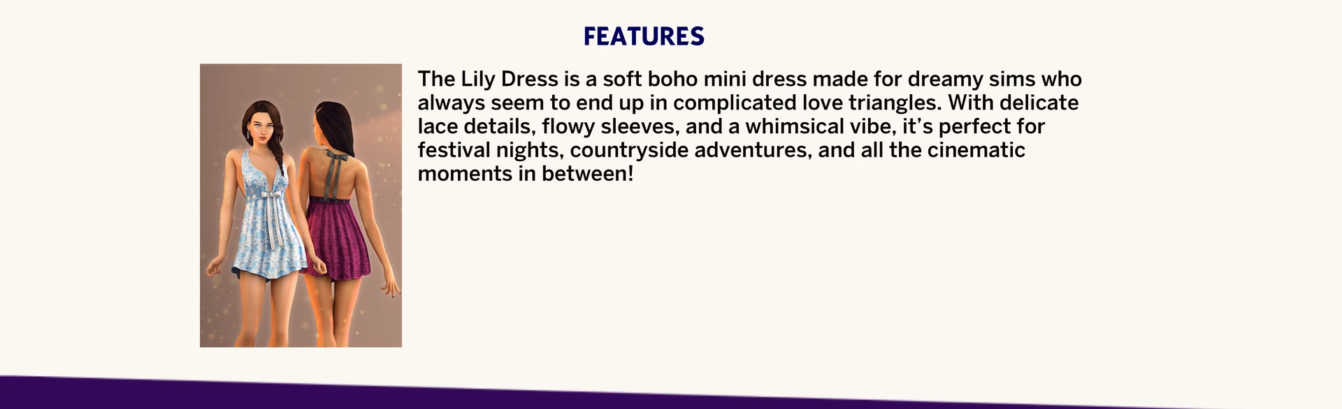 Two Sims wearing Lily boho dress by Serenity — free item for Marketplace event in The Sims 4