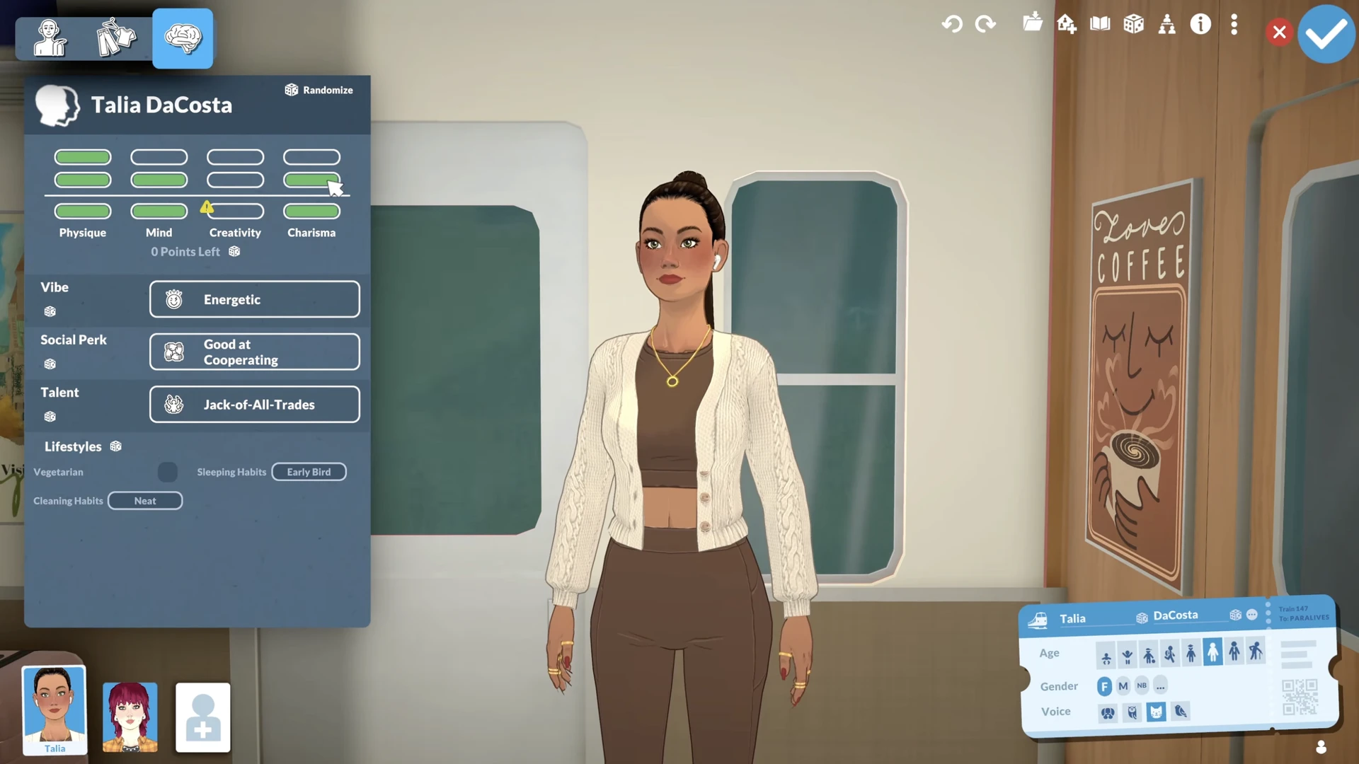 Assigning skill points and personalities in Paralives character creator