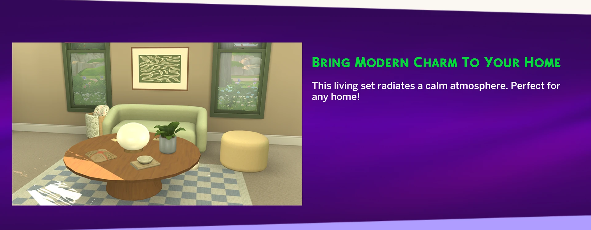 Close-up of the Simonna set: sofa, armchair, coffee table with natural textures — The Sims 4