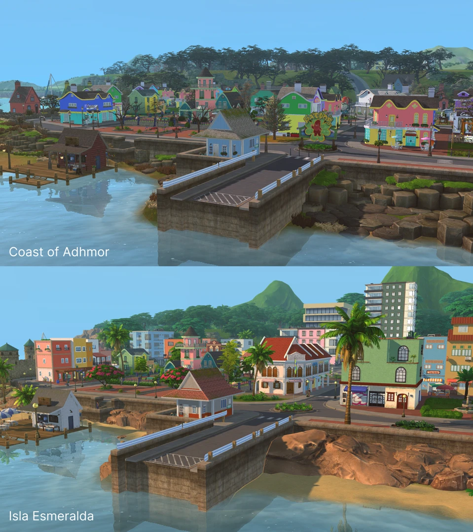 Vibe comparison: gloomy northern Coast of Adhmor vs sunny tropical Isla Esmeralda resort