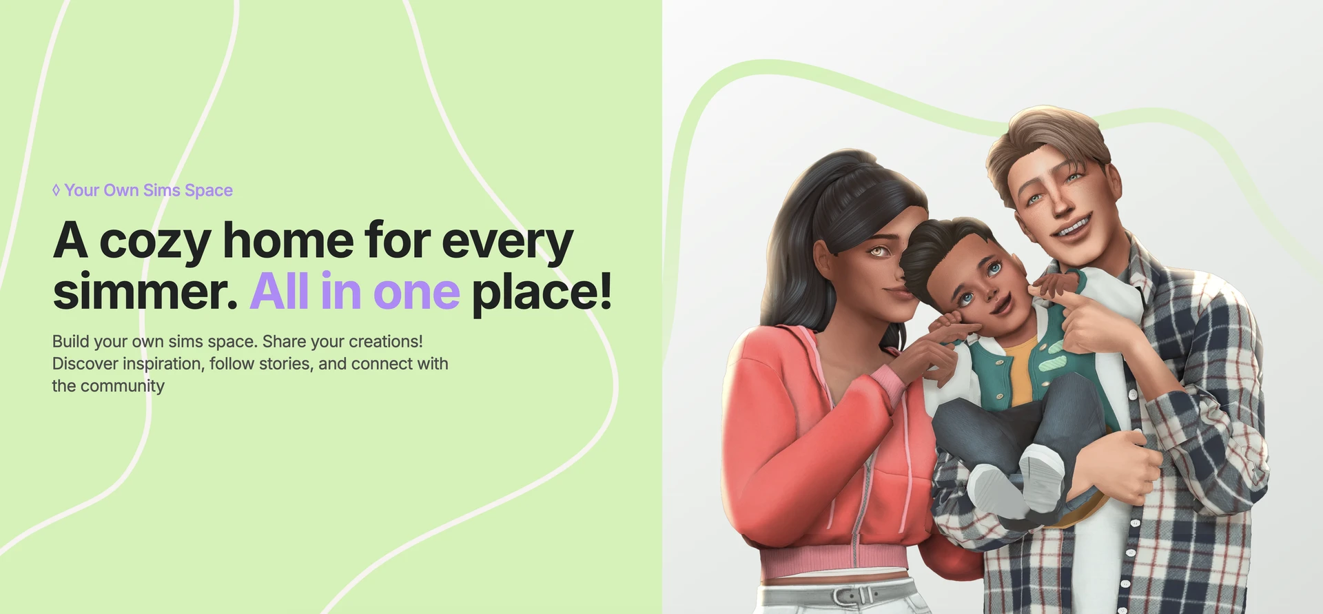 Simo platform landing page: Create and share your Sims, InZOI, or Paralives characters and stories in a cozy online community