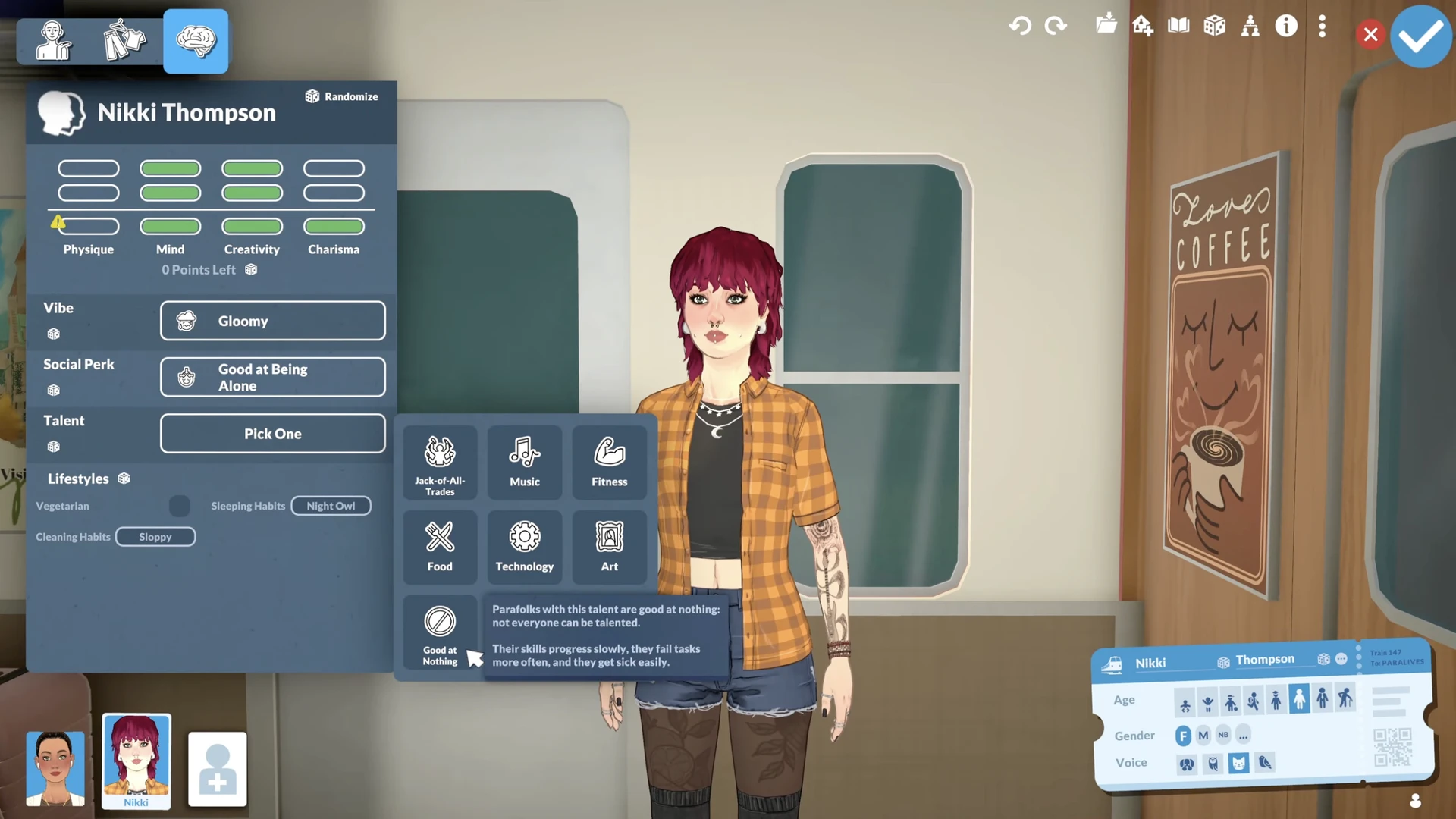 Personality traits and social perks selection screen in Paralives