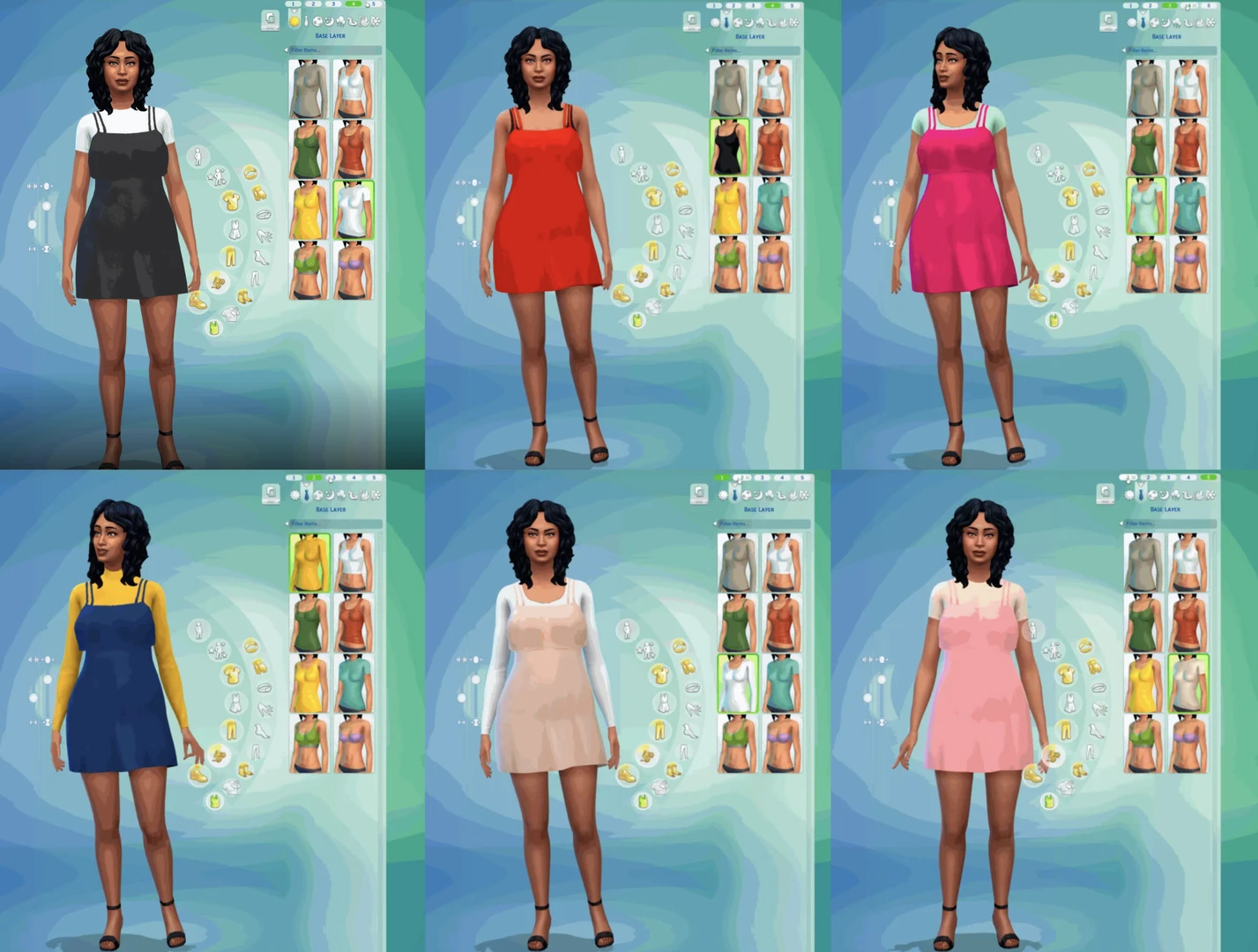 The Sims 4 Base Layers preview: examples of layered outfits showing how base layers combine with tops and full-body clothing