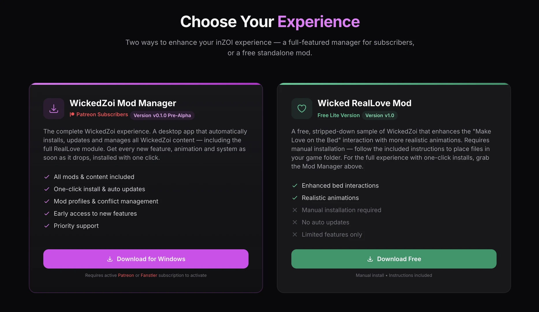 WickedZoi mod page showing the paid Mod Manager subscription and the free Wicked RealLove Lite version (screenshot)