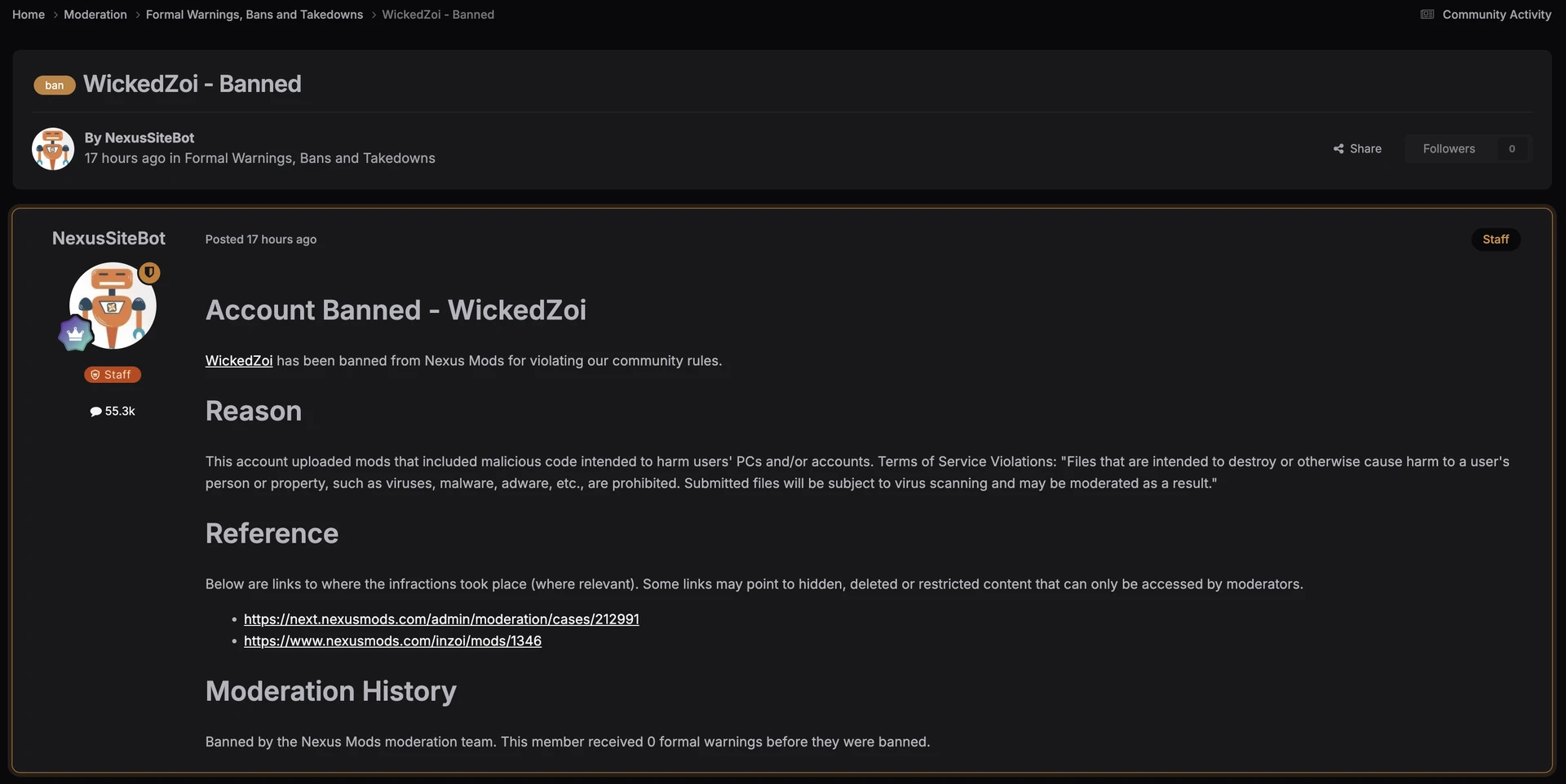 Nexus Mods ban notice: WickedZoi banned for uploading files containing malicious code (screenshot)