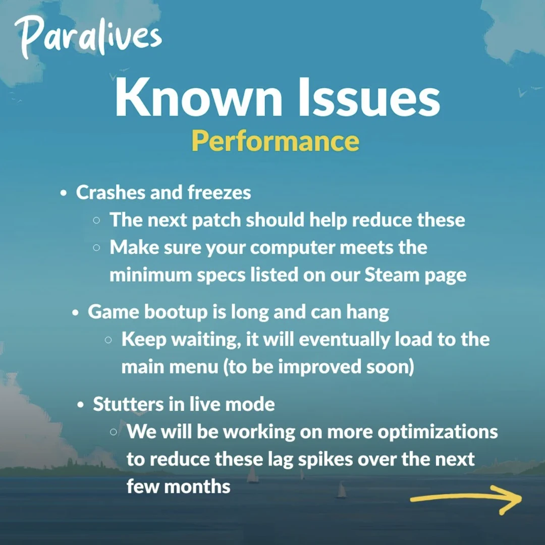 Paralives early access: screenshot showing technical bugs, crashes, and freezes after release