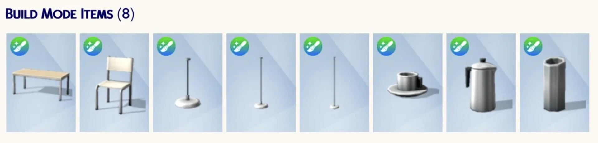 Krom N Dine by Pierisim — pack items preview: table, chairs, sideboard, and chrome decanter and cups (screenshot)