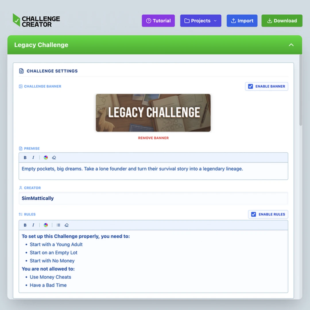 Challenge Creator от SimMattically — интерфейс онлайн-инструмента для создания собственных челленджей (скриншот)