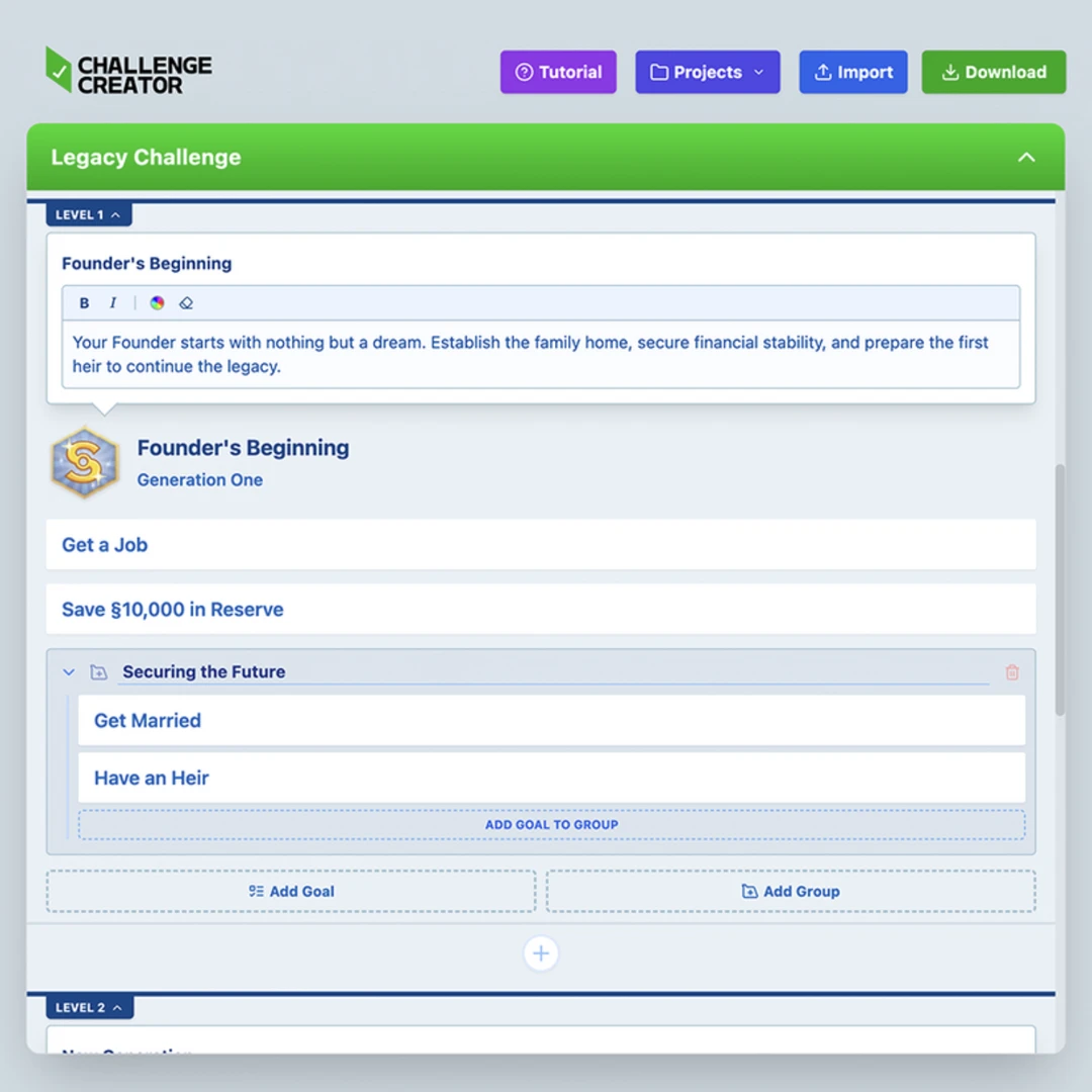 Challenge Creator: настройка целей, разделов и уровней челленджа в редакторе (скриншот)