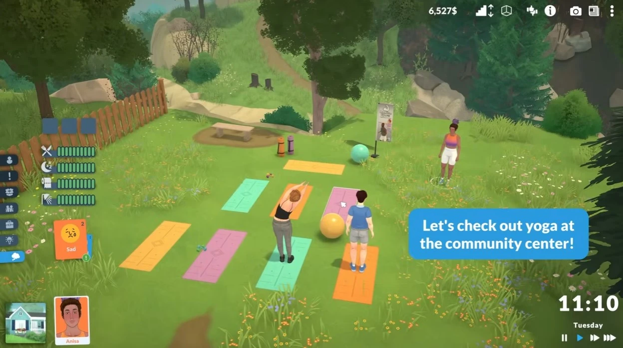 Yoga in Paralives: a group yoga session held outdoors in the park on a flat open area