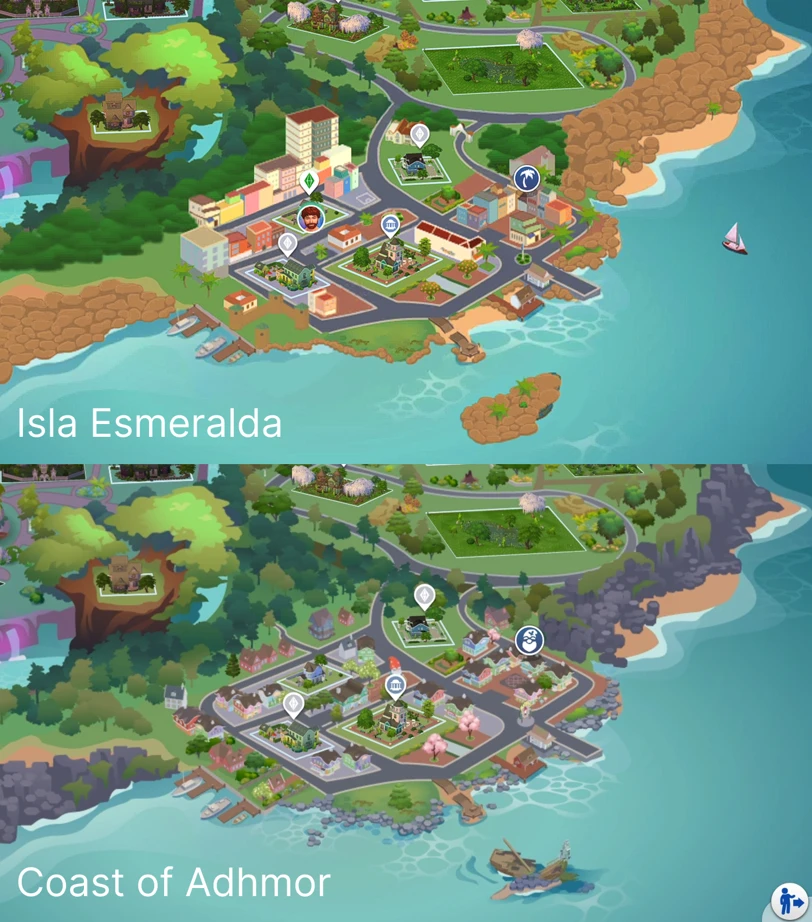 Isla Esmeralda world map render (Santo Bella) in Maxis Match style