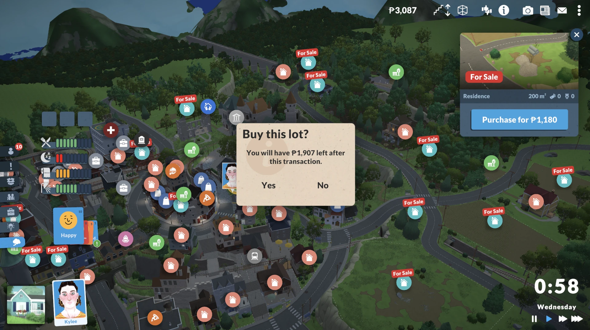 Budget pop-up showing remaining funds when buying a house in Paralives
