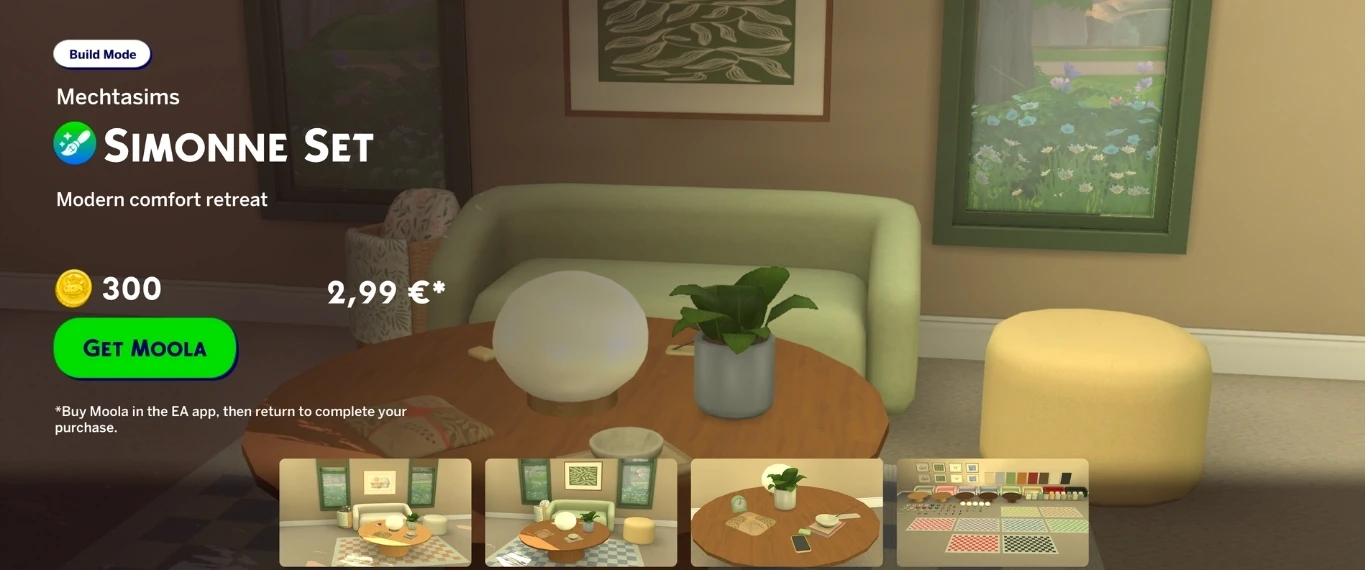 Simonna living room set by Mechtasims — paid Marketplace set for The Sims 4, seven modern items