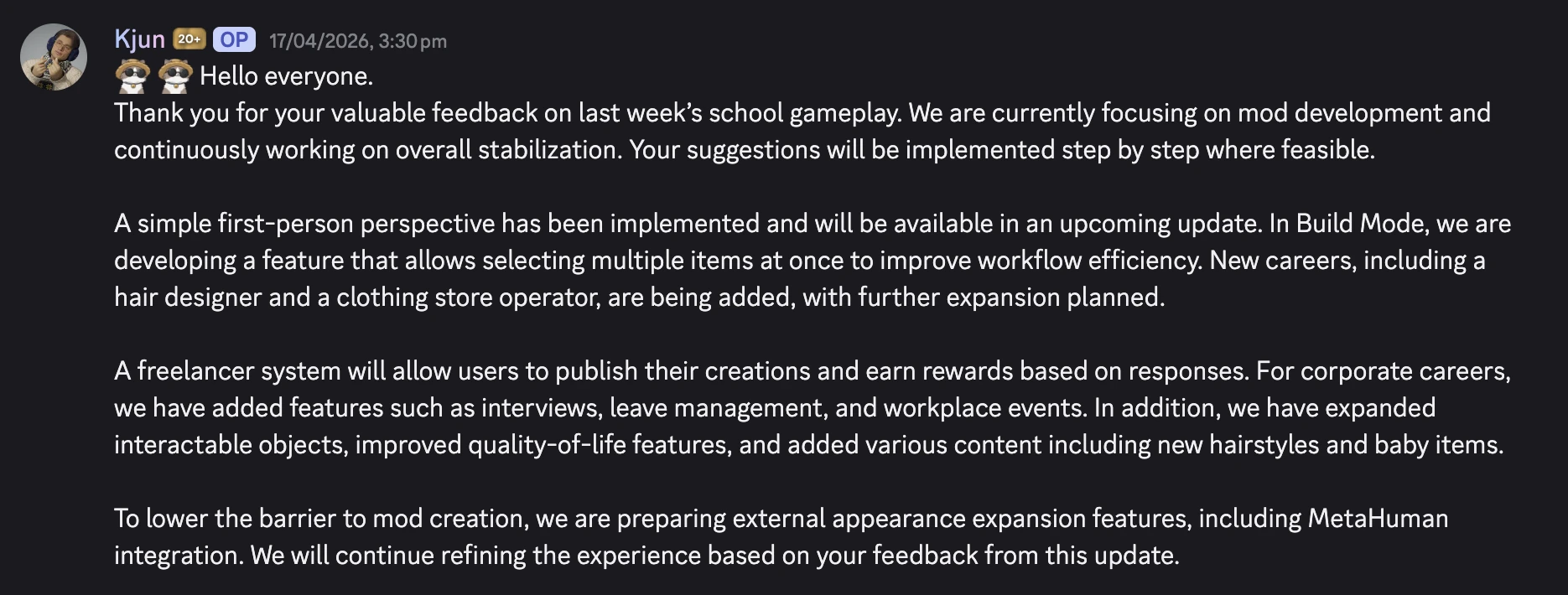 Официальное сообщение продюсера Kjun в Discord о майском обновлении InZOI (скриншот)