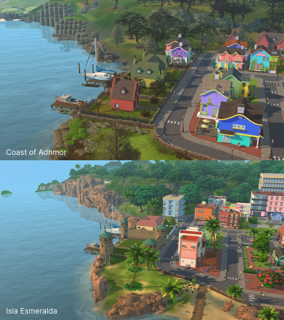 Coast area redesign: medieval-style plaza replacing fake residential houses (Isla Esmeralda)