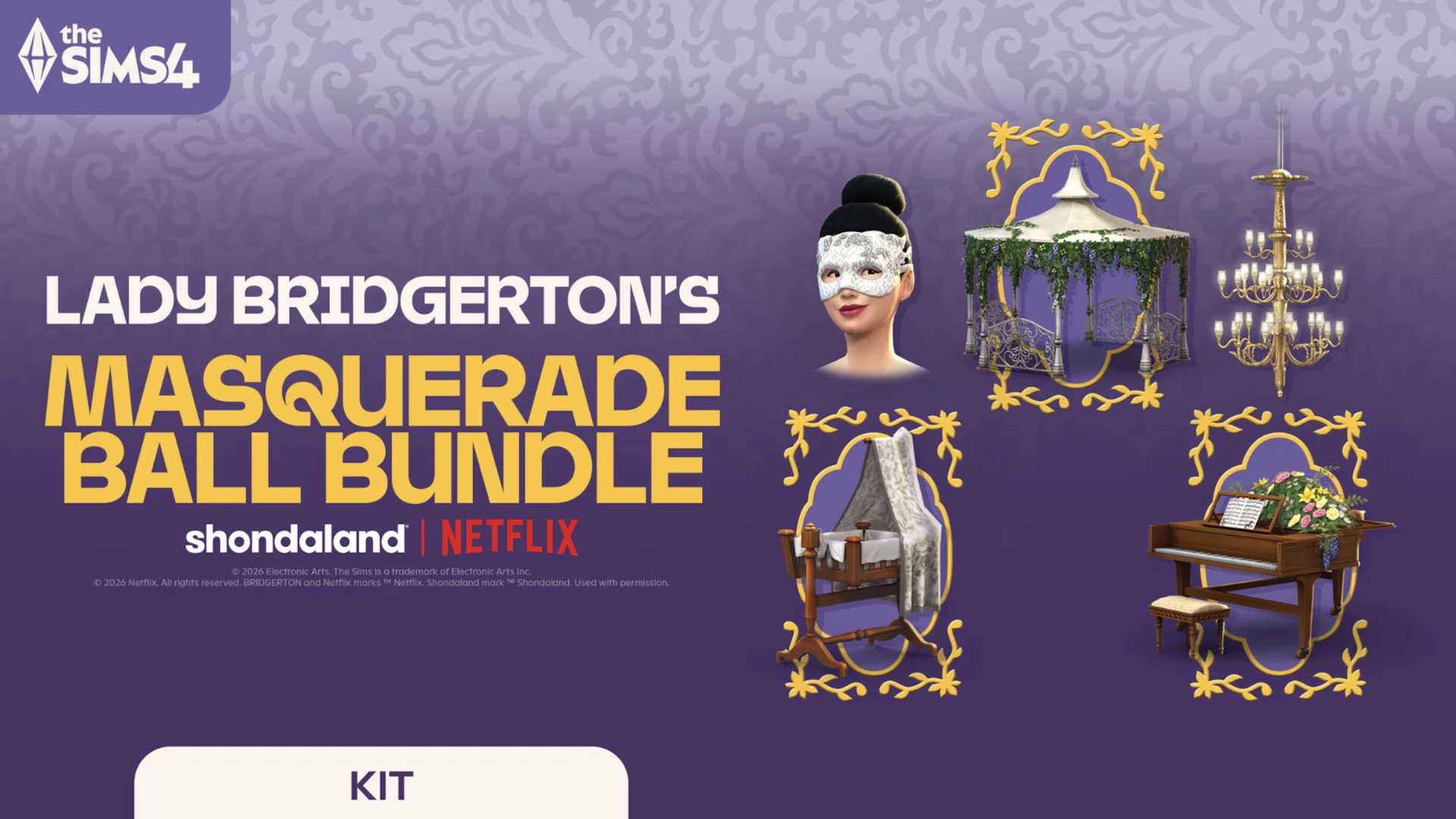 The Sims 4 x Bridgerton bundle: two kits plus three exclusive bonus items—Bridgerton gazebo, piano, and bassinet