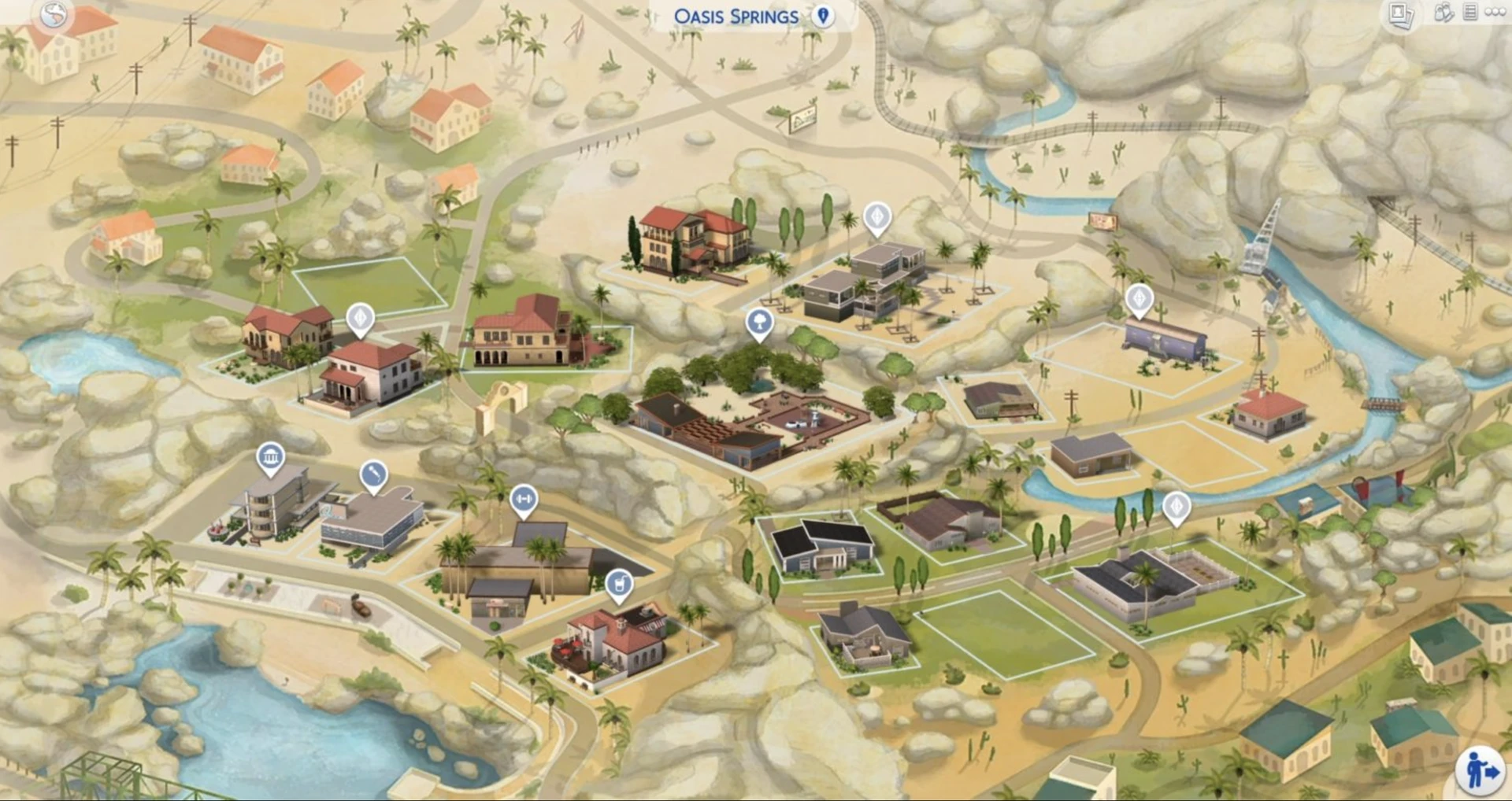 Карта городка The Sims 4 - Оазис Спрингс, вид сверху