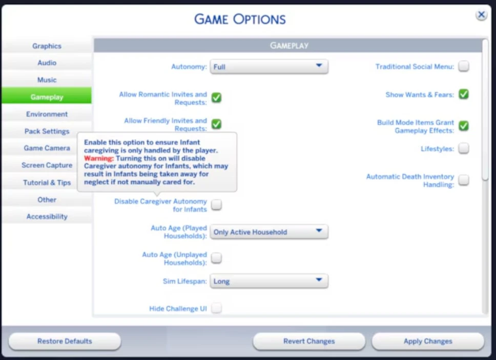 The Sims 4 infant care update: a new toggle disables autonomous caregiving so other Sims don’t interfere without being asked