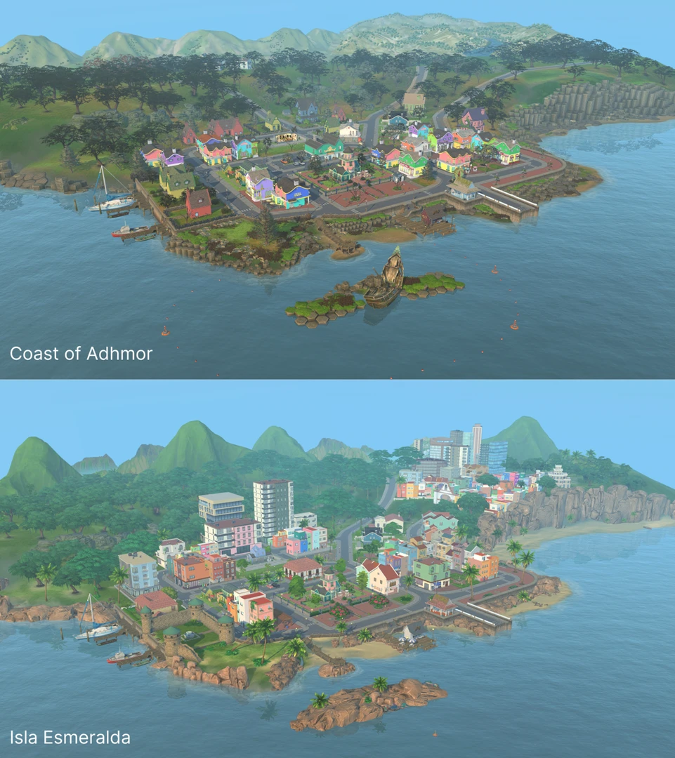 Before and after comparison: original Coast of Adhmor vs Isla Esmeralda skyline and district layout