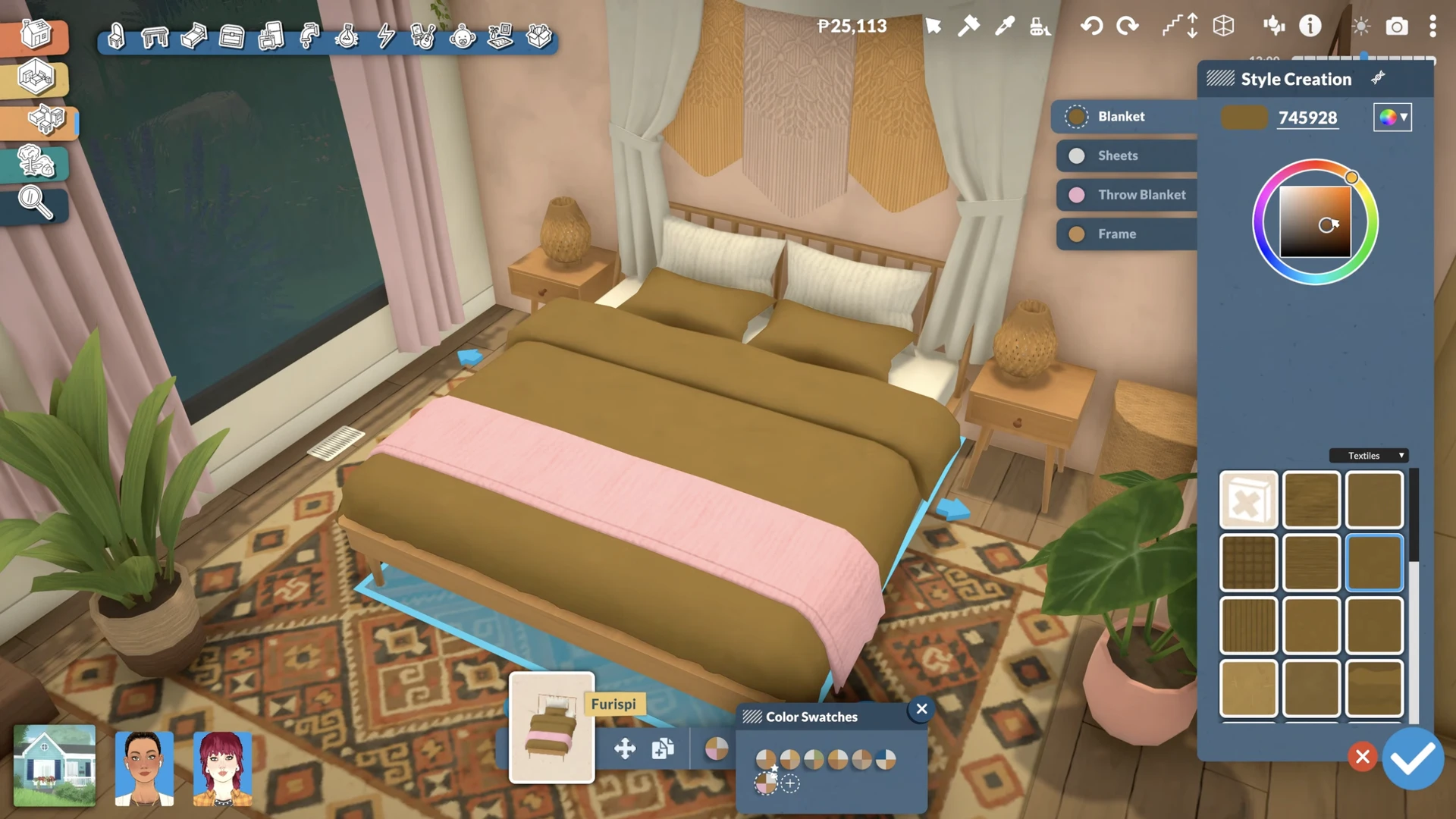 Customizing furniture color with the color wheel in Paralives