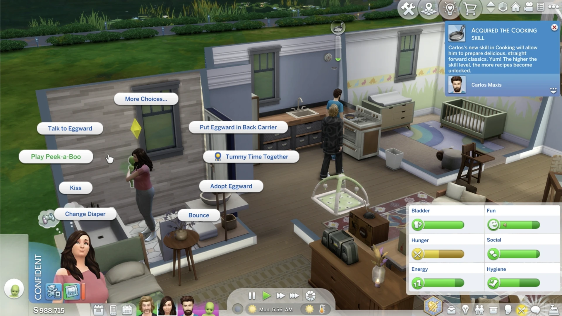 Интерфейс ухода за младенцем в The Sims 4: важные действия появляются в первом круговом меню при низких потребностях