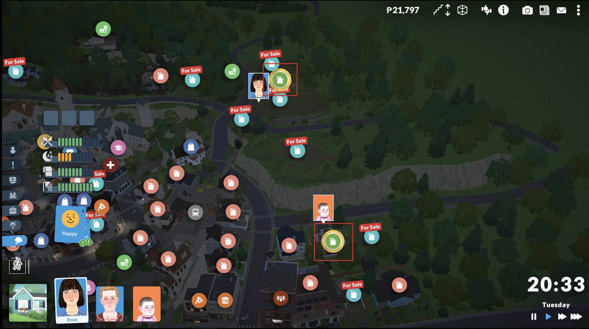 Purchasing a new house on the map with a 'For Sale' sign in Paralives