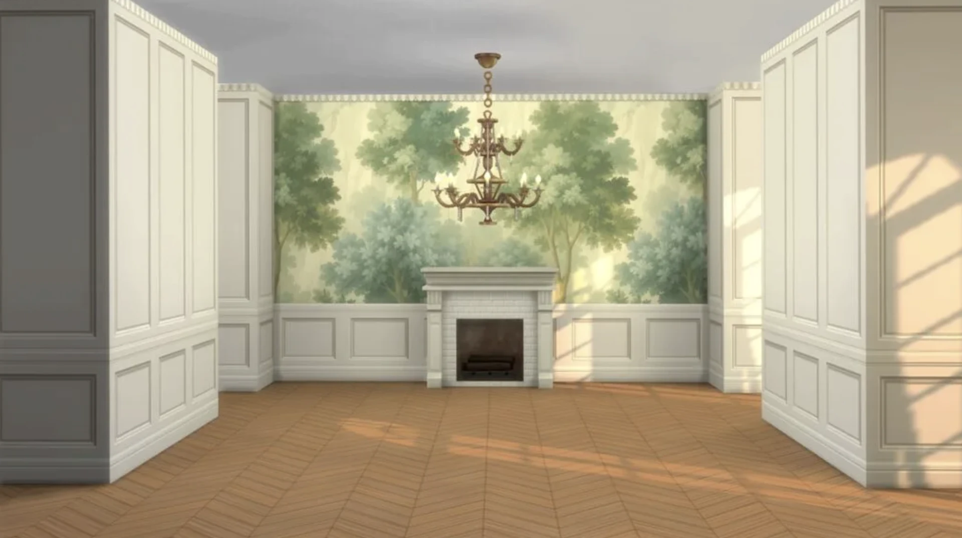 Haussmann-style Parisian interior with new wall panels and wood flooring from the Haussmann Walls & Floors set for The Sims 4