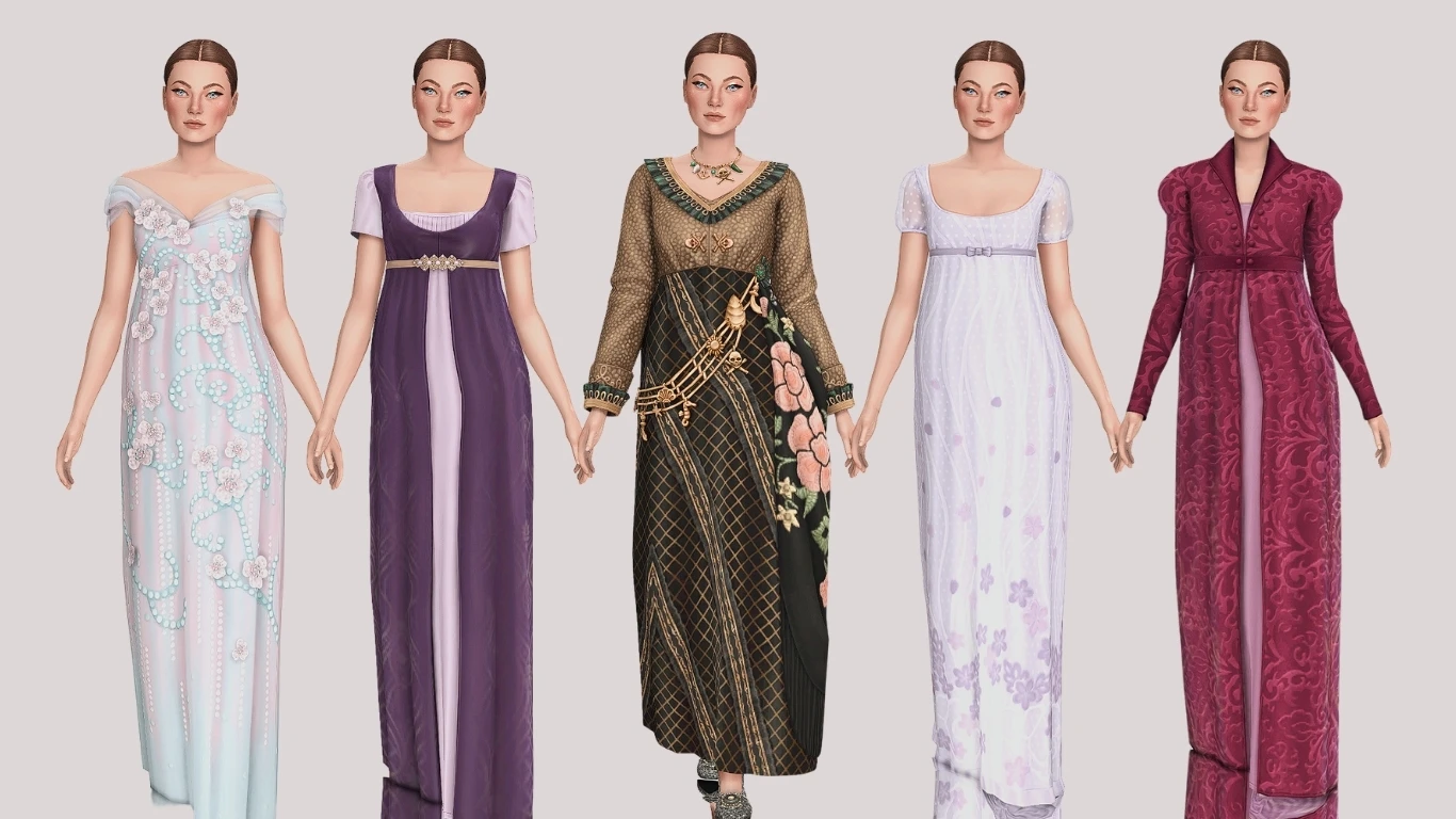 Бальные платья The Sims 4 × «Бриджертоны»: примеры нарядов из CAS-комплекта в разных цветовых вариантах