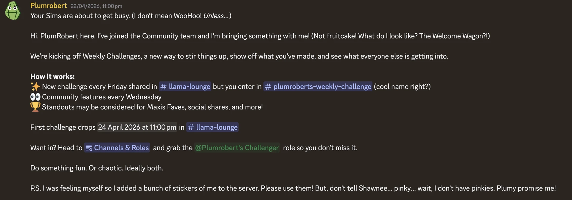 PlumRobert’s Discord message announcing Weekly Challenges and a playful WooHoo joke (screenshot)