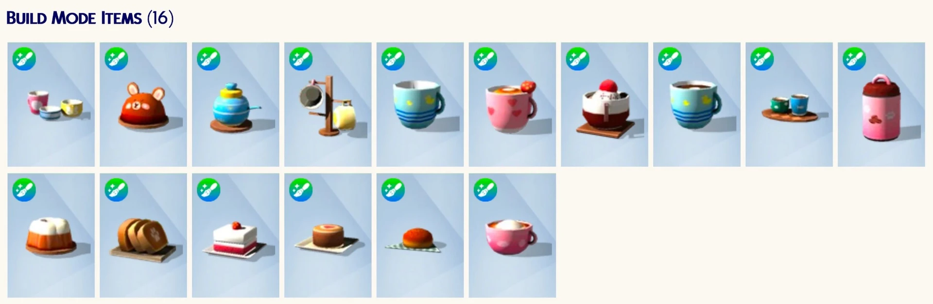 Предметы Cozy Coffee от icemunmun: кофейник, банка для кофе, стойка для чашек, напитки и выпечка (включая пирожное‑мишку)