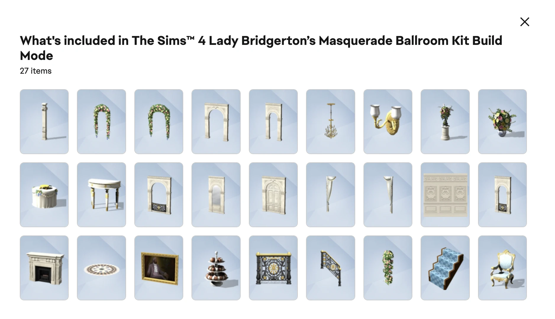 Lady Bridgerton’s Masquerade Ballroom Kit catalog in The Sims 4: 27 new items plus one pre-built room