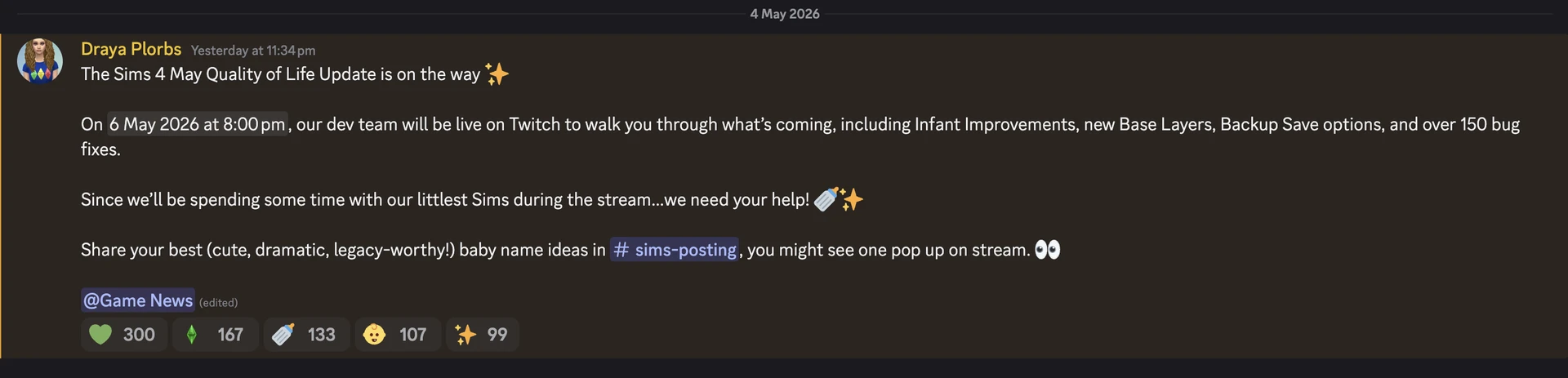The Sims 4 Discord announcement: developer livestream on May 6, 2026 on Twitch to showcase the May quality-of-life update