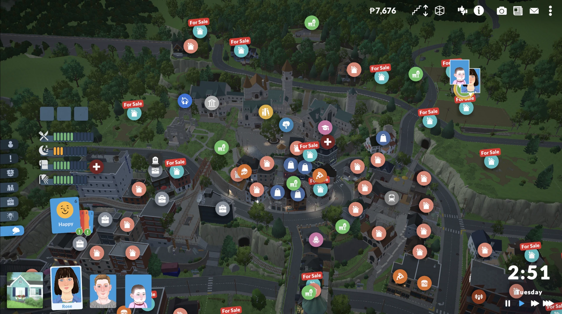 Town view in Paralives: switching between different family households